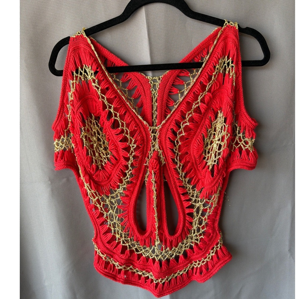 Crochet Butterfly Mermaidcore Boho Top Red Gold Metallic Knit Festival Small/Med